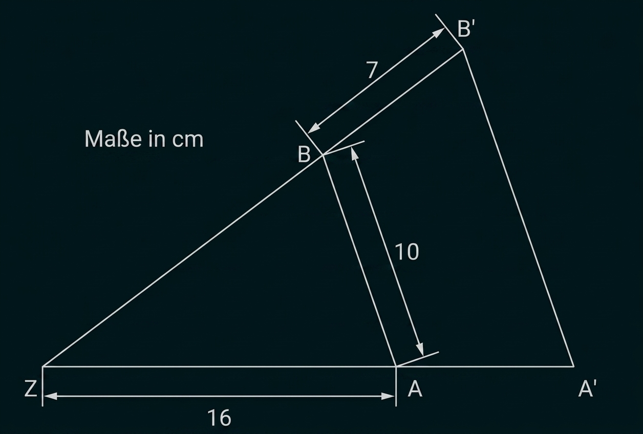 Geometrische Zeichnung mit Strecken und Maßangaben in cm.
